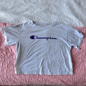 White Champion crop top, blue and red logo
